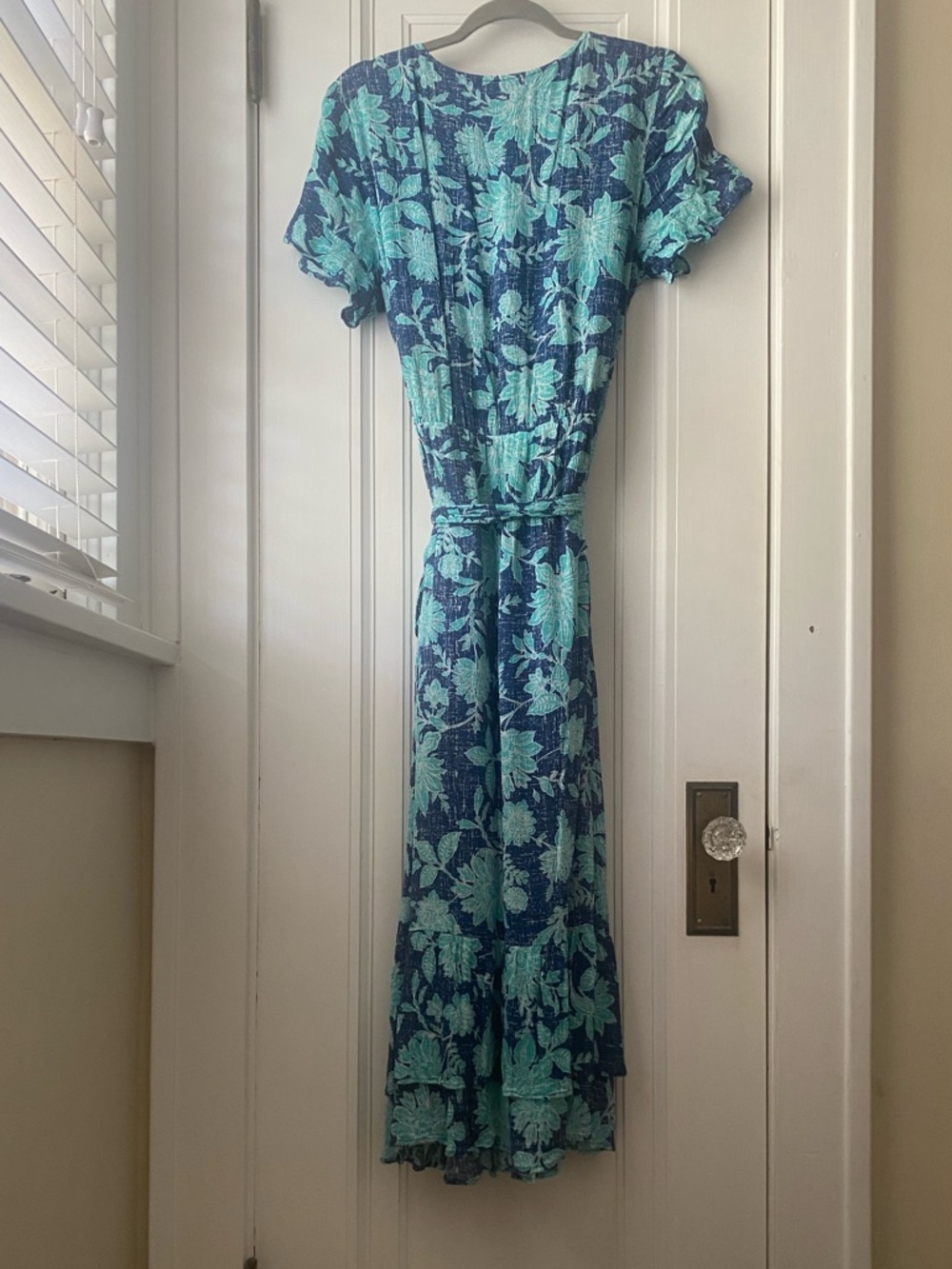 J Jill bold floral maxi dress blue & turquoise stretch and ruffles L - Picture 8 of 8